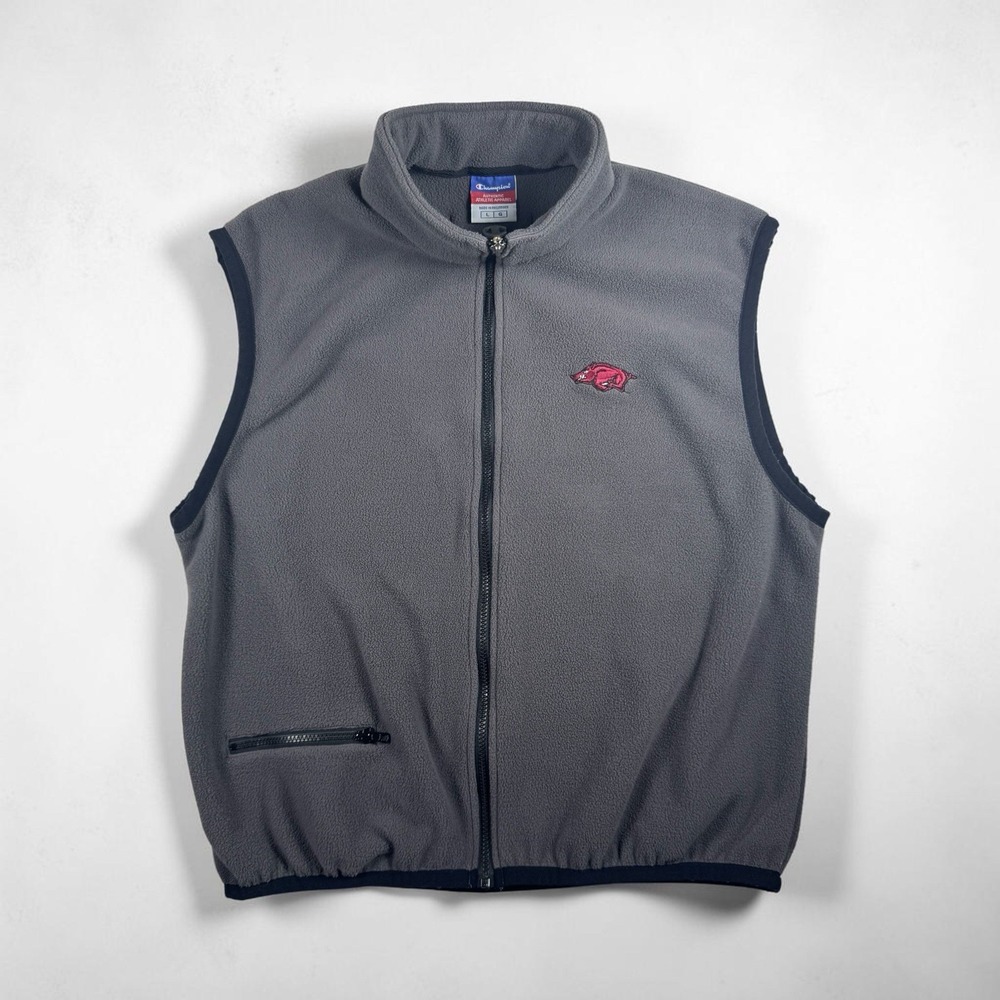 Vintage 90s Men's Large Champion Arkansas Razorbacks Grey And Black Fleece Vest